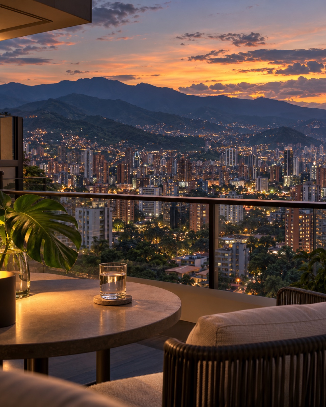 Illustrative Medellín skyline from a terrace at dusk